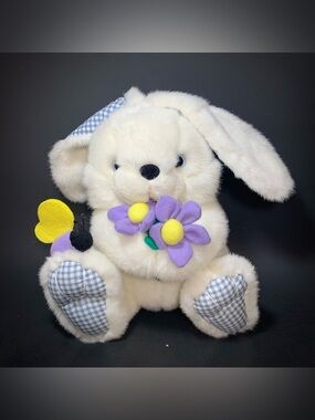 CHOSUN Easter Bunny Rabbit STUFFED ANIMAL White Plaid Plush TOY w/ Flowers & Bee